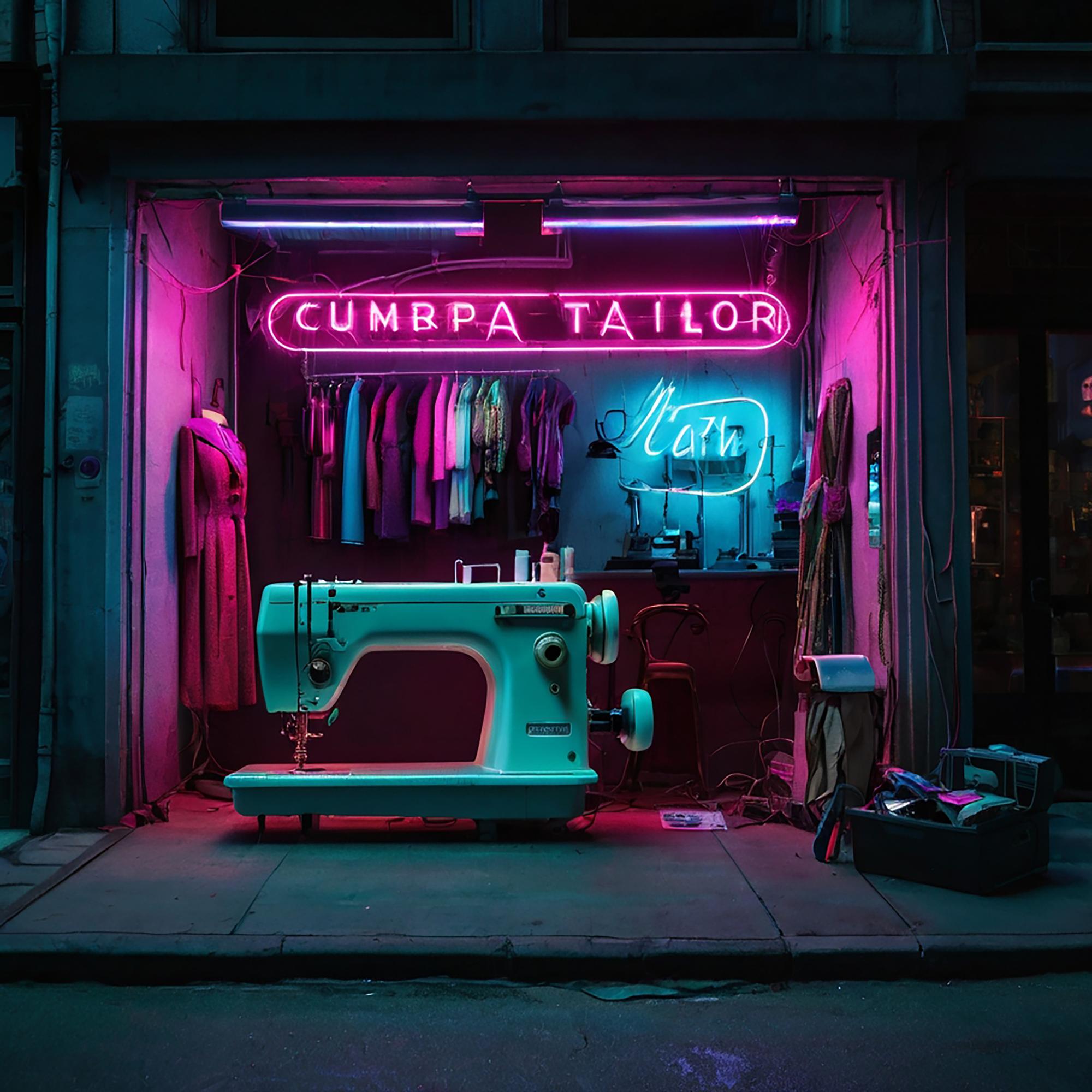 Exterior of a small embroidery studio with a neon sign